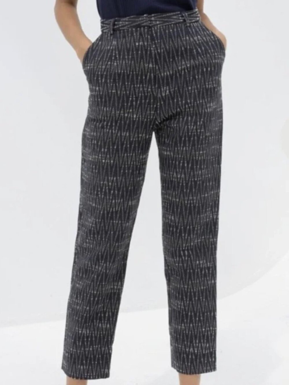 NWT Samuji Navy Zigzag Pattern Straight Leg Trousers Size 36
